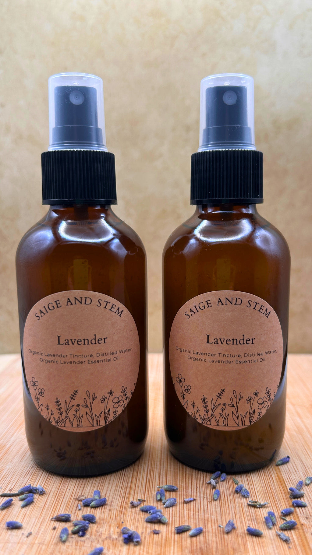 Lavender Ritual Mist in amber bottles, featuring organic lavender tincture and distilled water for holistic use.