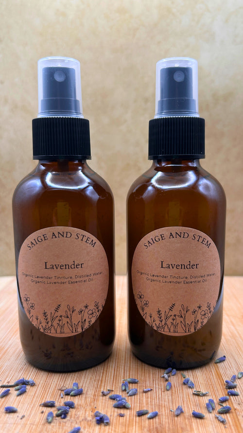 Lavender Ritual Mist in amber bottles, featuring organic lavender tincture and distilled water for holistic use.
