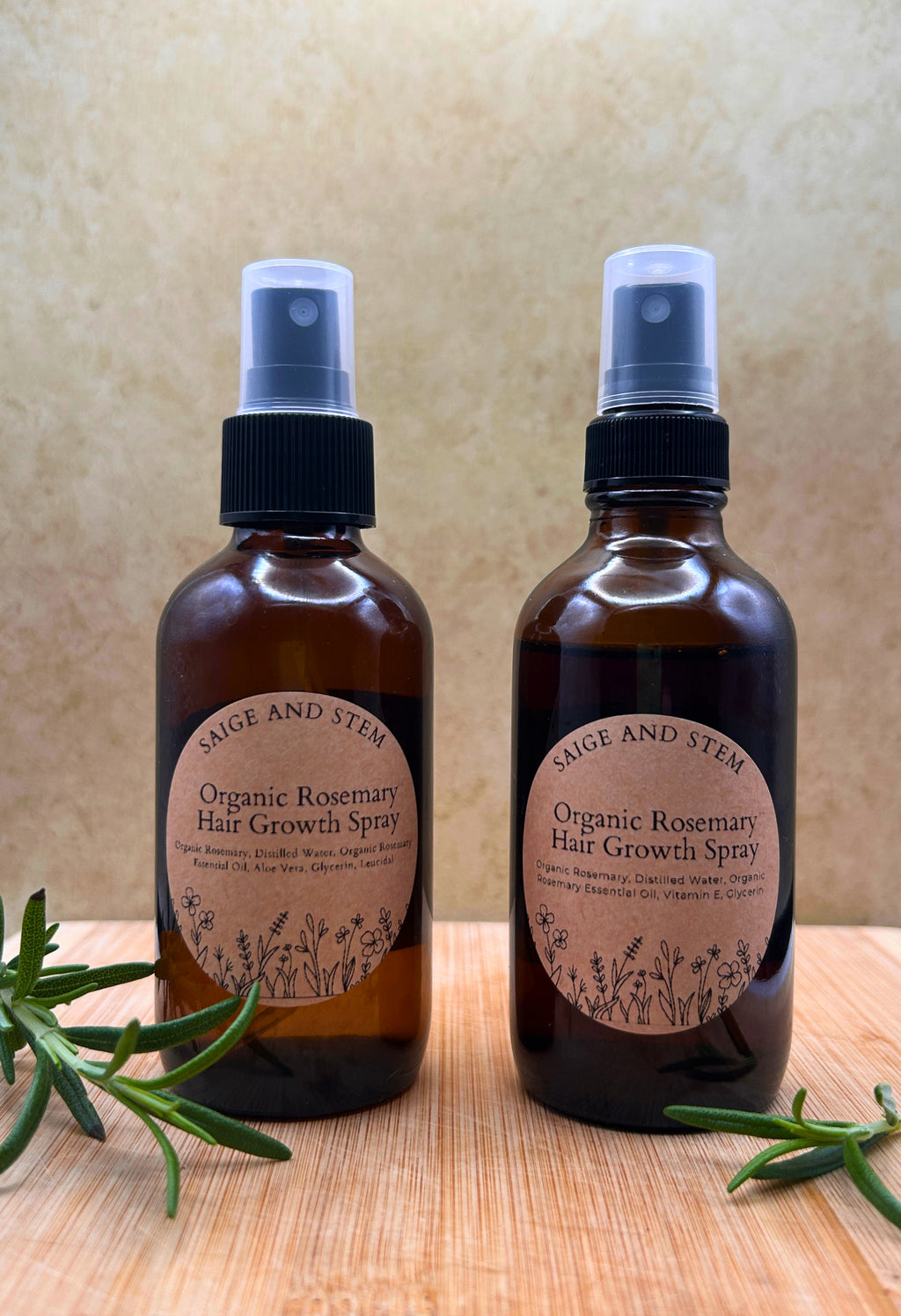 Rosemary Hair Growth Set featuring organic rosemary and distilled water in amber glass bottles.